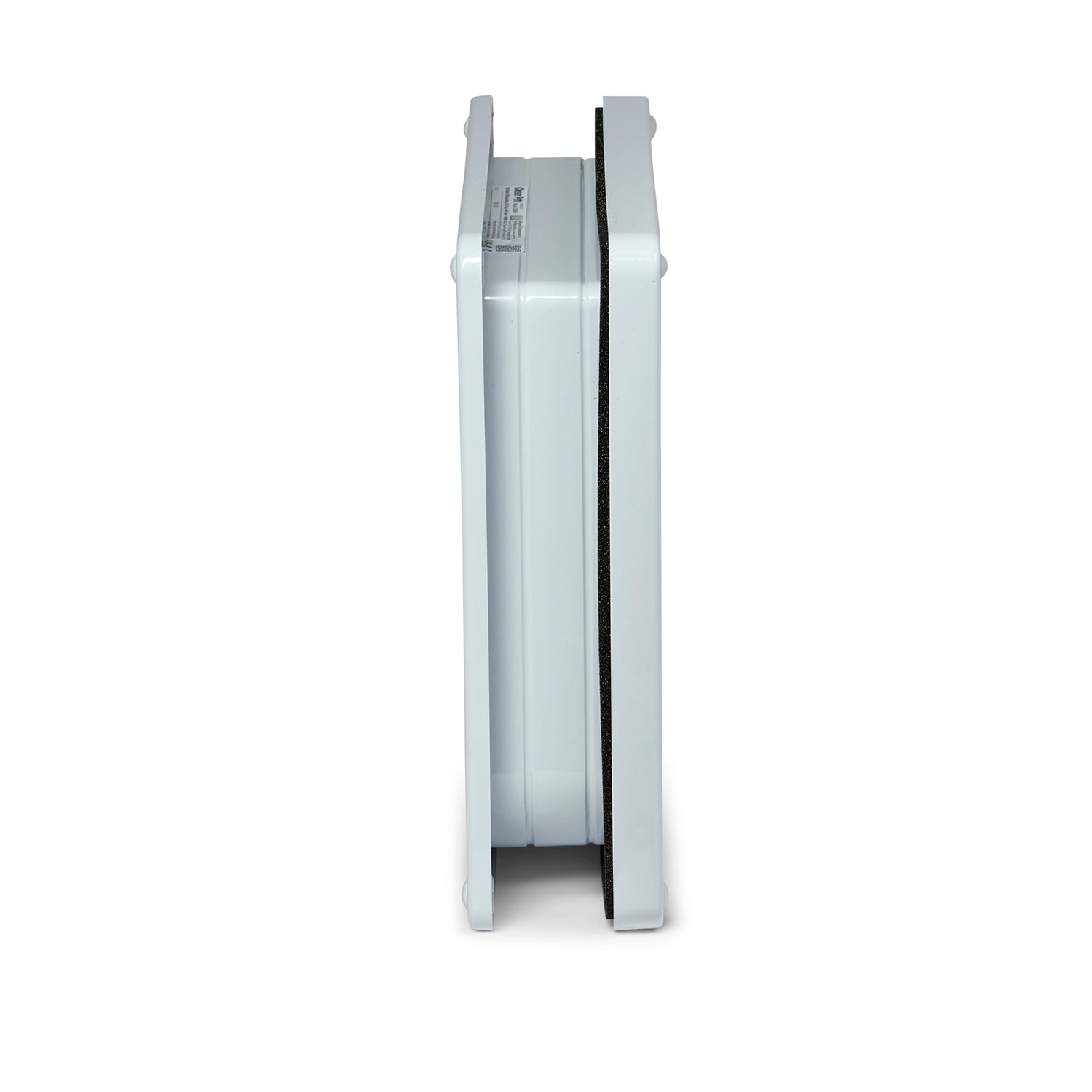 A side view of the white Cat Mate four way locking cat flap with wall liner up to two inches, on a clear background