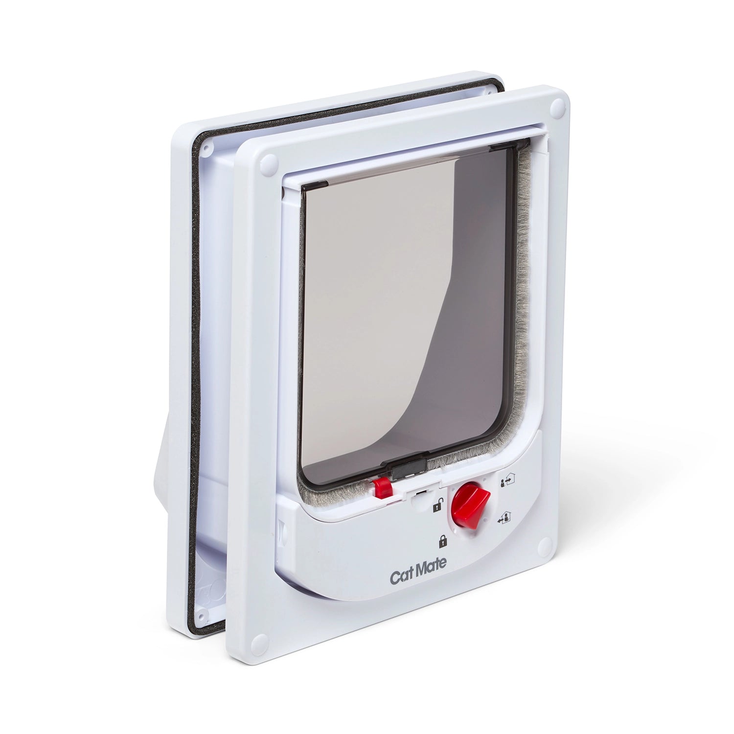 Pet door in white for average size cats with a clear flap and four-way manual locks on a white background