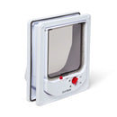 Pet door in white for average size cats with a clear flap and four-way manual locks on a white background