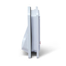 A side view of the electromagnetic cat flap in white, on a white background
