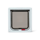 A white pet door frame with a clear flap which is suitable for small to average size cats and has two-way manual locks  on a white background