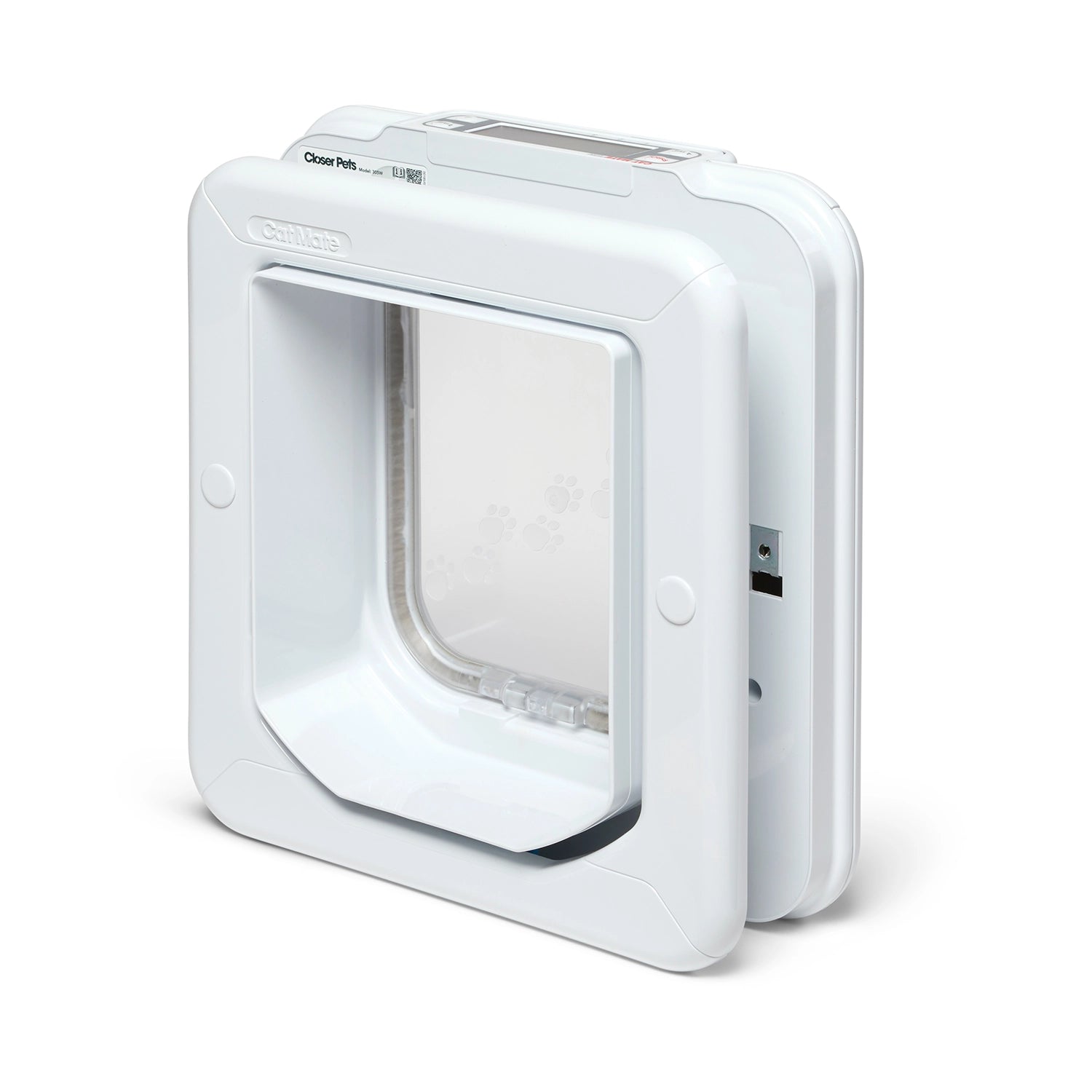 An angled view of the back of the white pet door for average size cats with a four way locking system on a white background