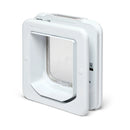 An angled view of the back of the white pet door for average size cats with a four way locking system on a white background