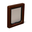 A front angle view of the brown pet door with a clear flap on a white background