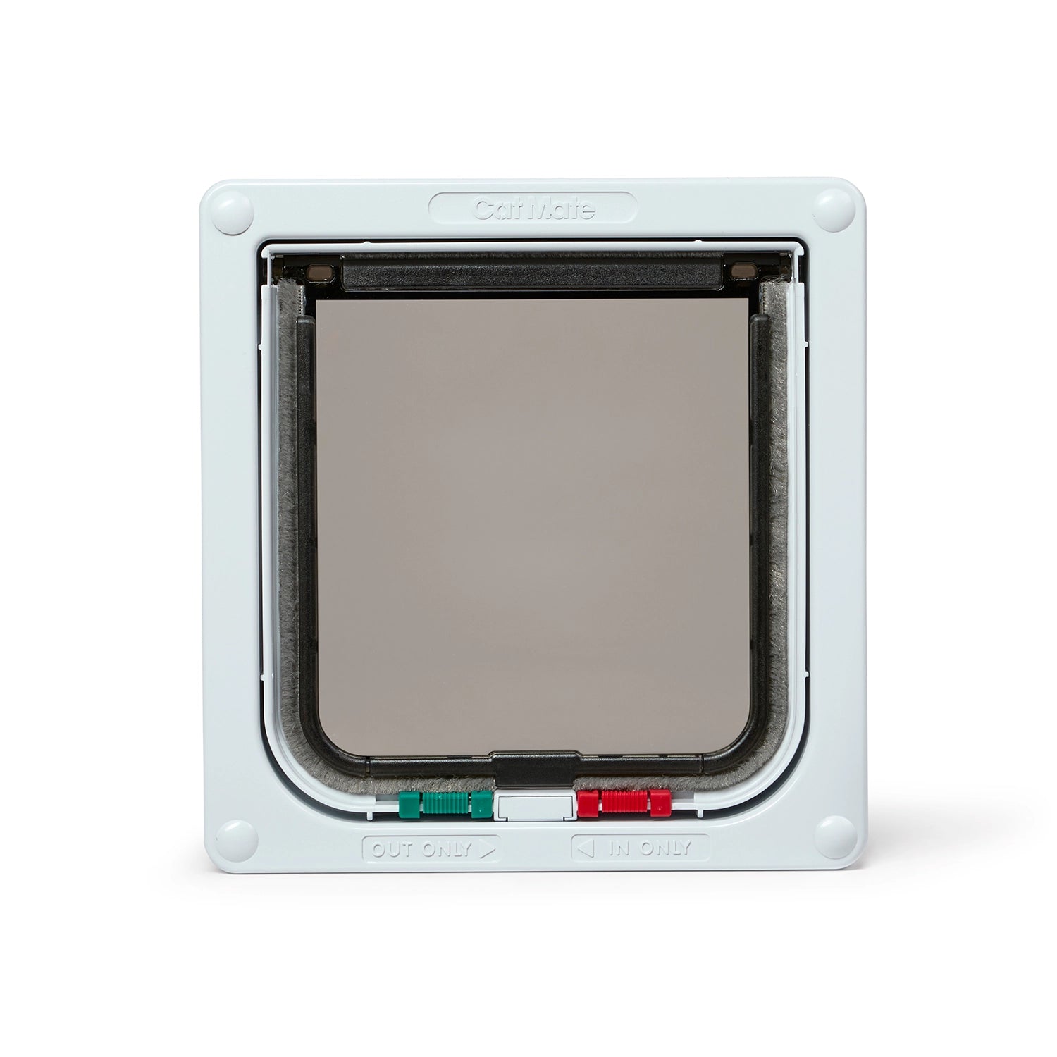 Pet door in white for small to average size cats with a transparent flap and two manual locks for 4-way locking options on a white background