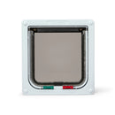 Pet door in white for small to average size cats with a transparent flap and two manual locks for 4-way locking options on a white background