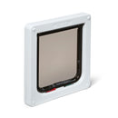 A side angle view of the white cat door frame with a clear flap showing the red and green locks which are manually operated at the bottom, on a white background
