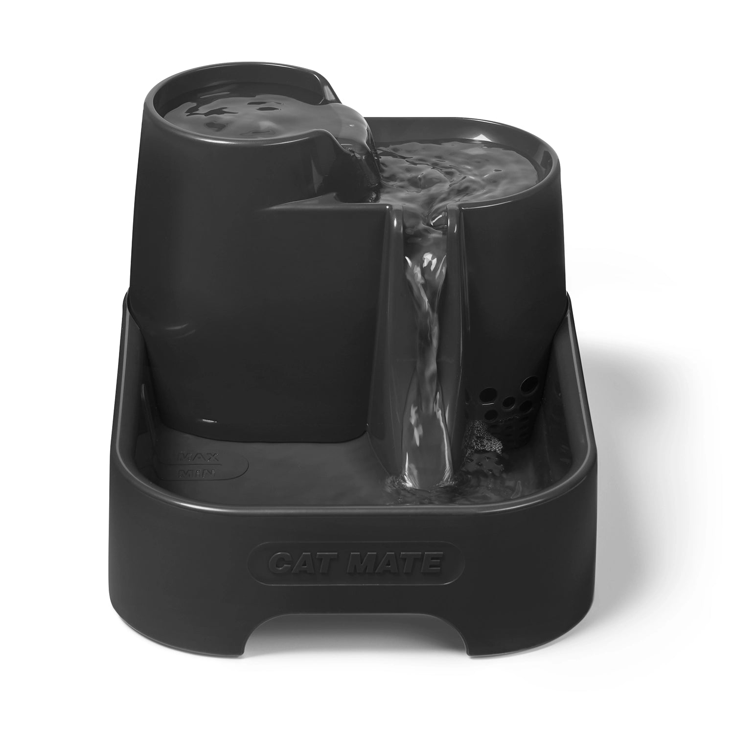 Dark grey three level water drinking fountain suitable for cats and small dogs with a 2 litre water capacity, with water flowing down it on a white background
