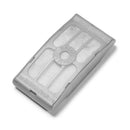 A grey plastic casing containing a white filter pad for the pet drinking fountain on a white background