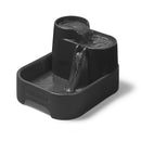 A dark grey pet water fountain with three levels and a two litre capacity on a white background