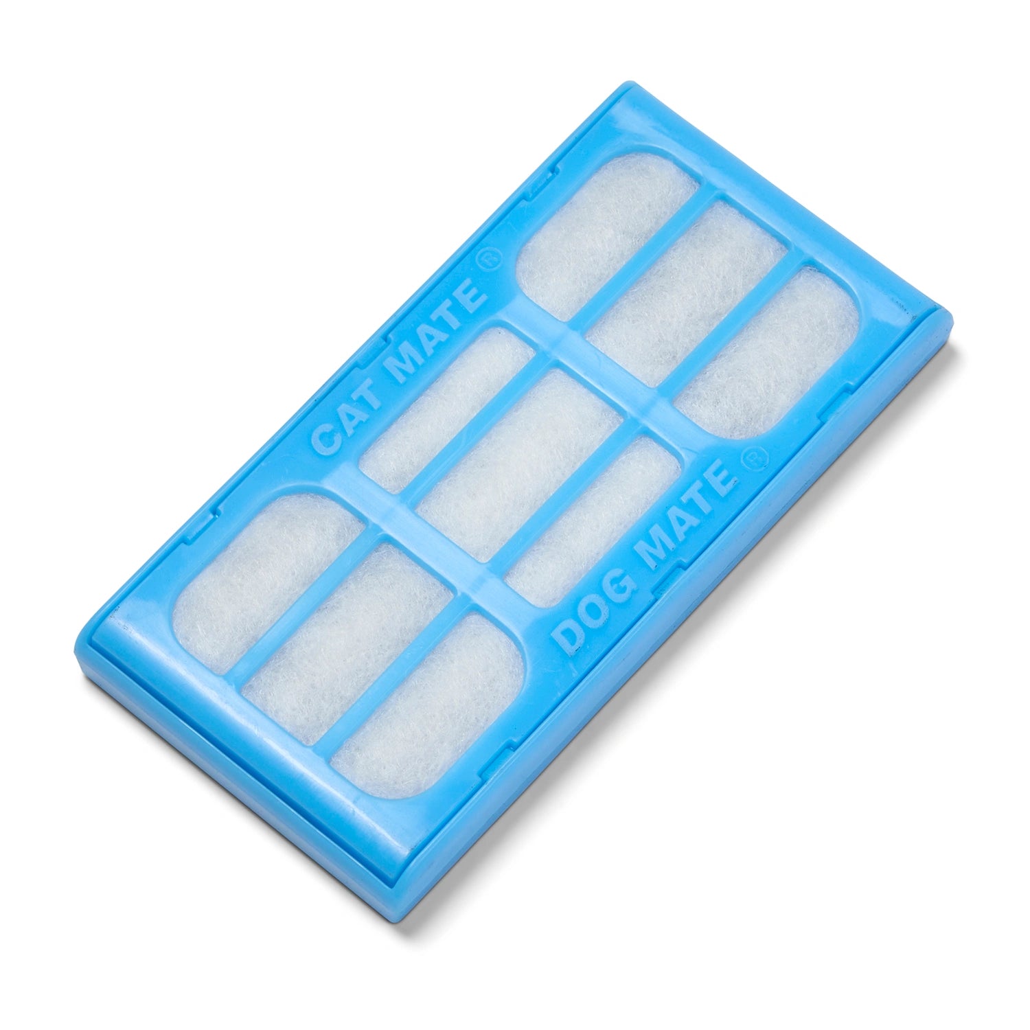 A close up view of the blue filter casing which is compatible with both Cat Mate and Dog Mate pet water fountains on a white background