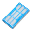 A close up view of the blue filter casing which is compatible with both Cat Mate and Dog Mate pet water fountains on a white background