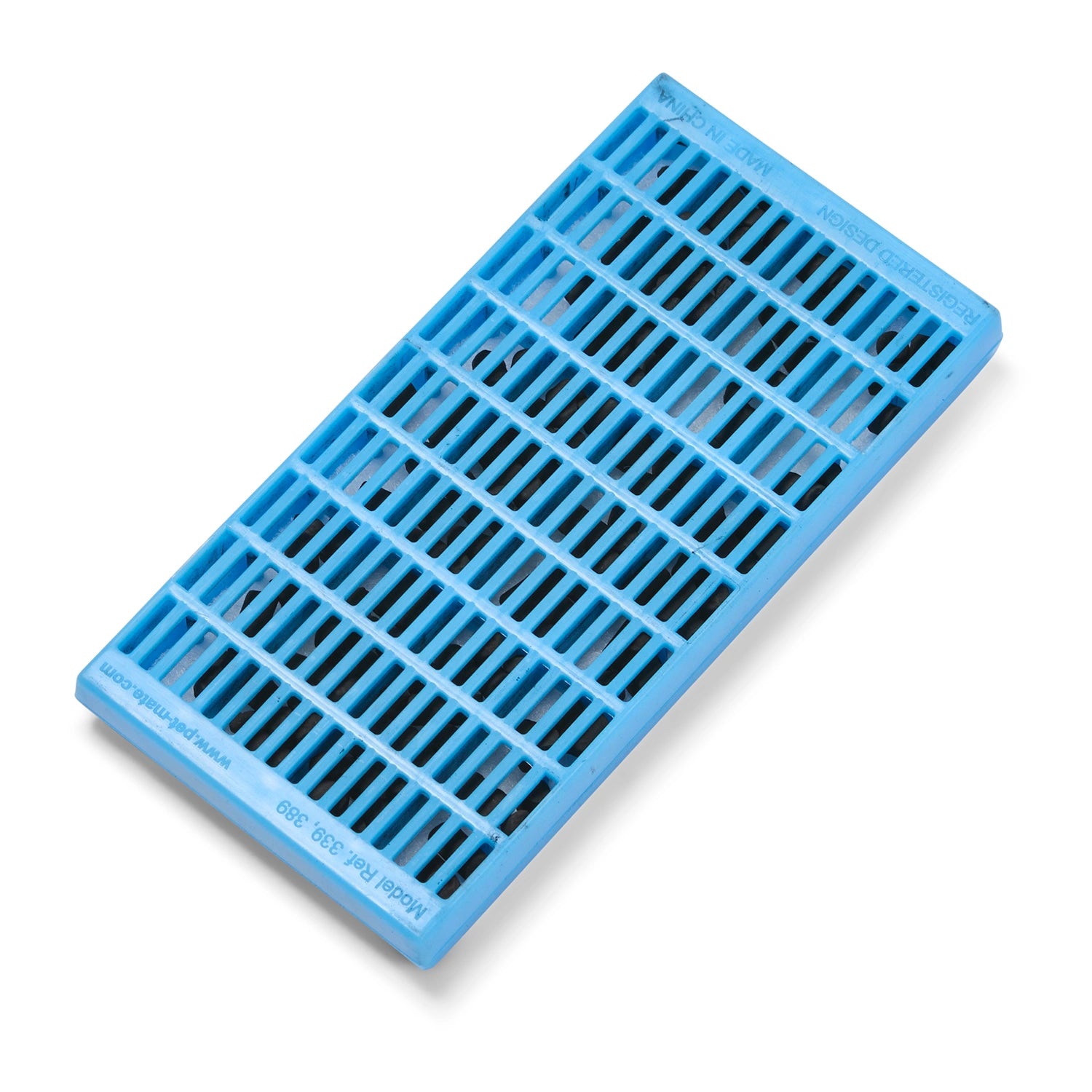 A view of the back of the blue plastic filter pad casings which are suitable for certain Cat Mate and Dog Mate pet fountains