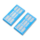 Two blue plastic filter cartridge covers, with a white filter in each one on a white background