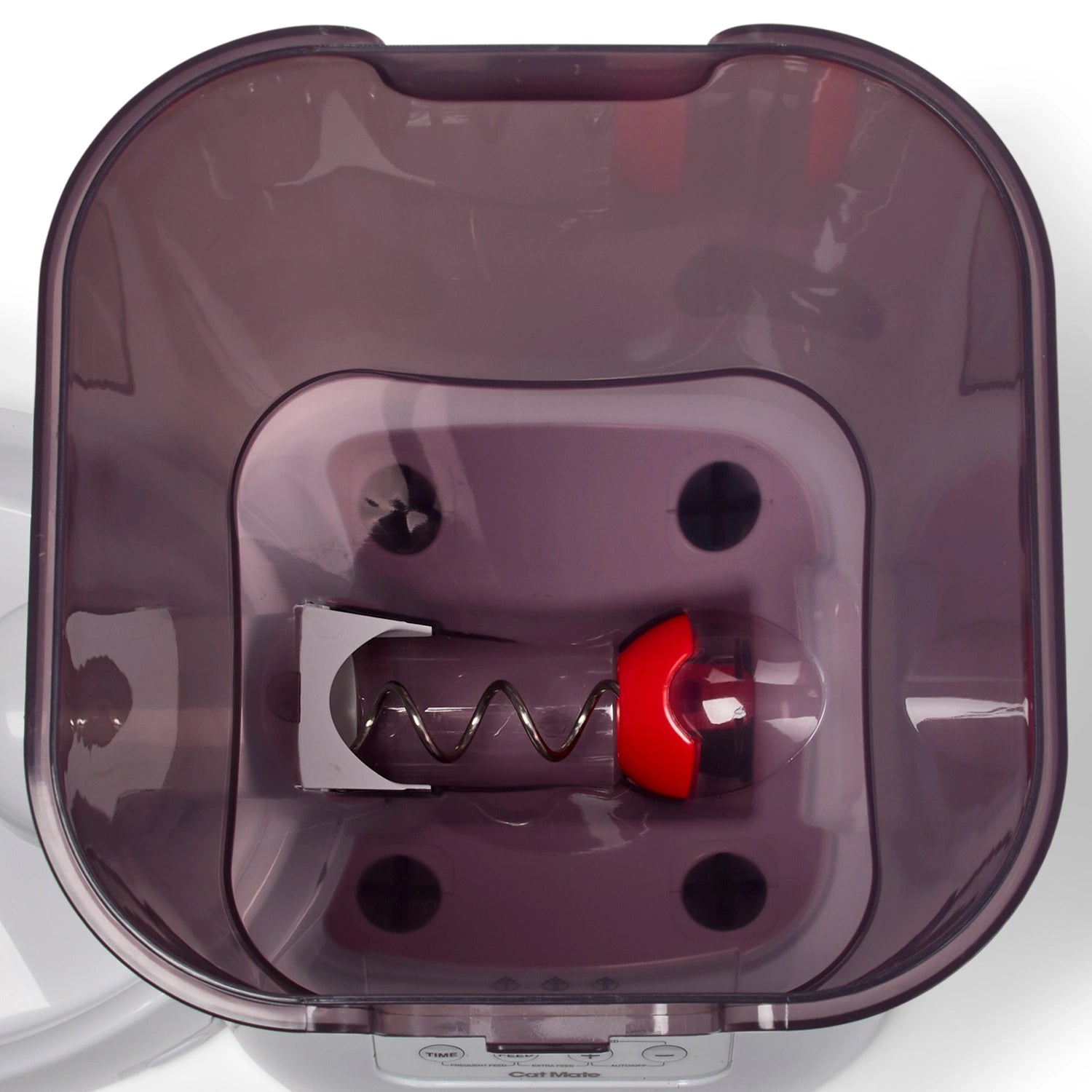 A top down view of the inside of the pet food container on the automatic pet feeder on a white background