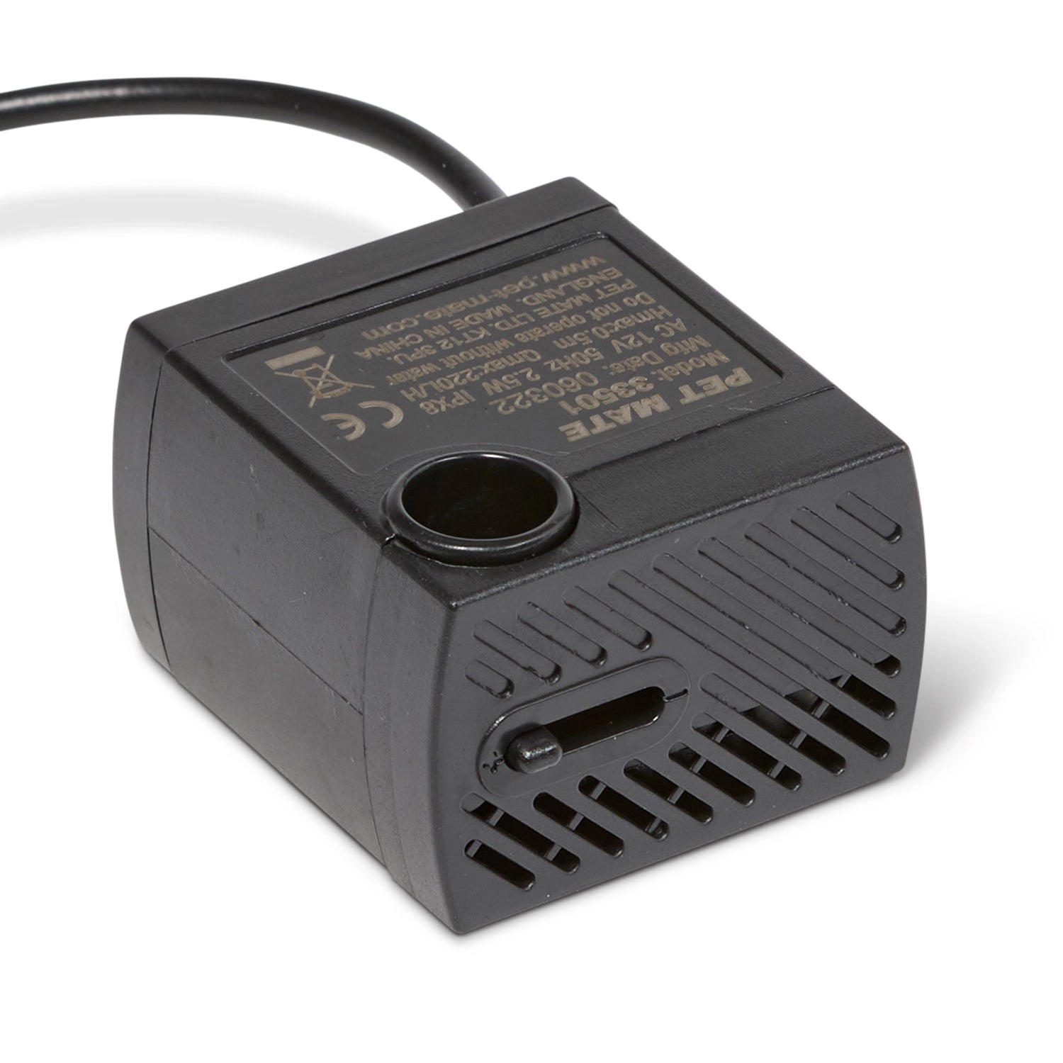 Black replacement pump with text and a power cord on a white background