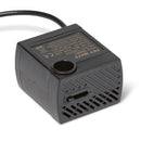 Black replacement pump with text and a power cord on a white background