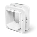 A rear view of the white microchip controlled pet door with a clear plastic flap with the timer control at the top on a white background
