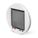 A side-angled view of the white pet door which has a circular shape and four-way manual locks on a white background