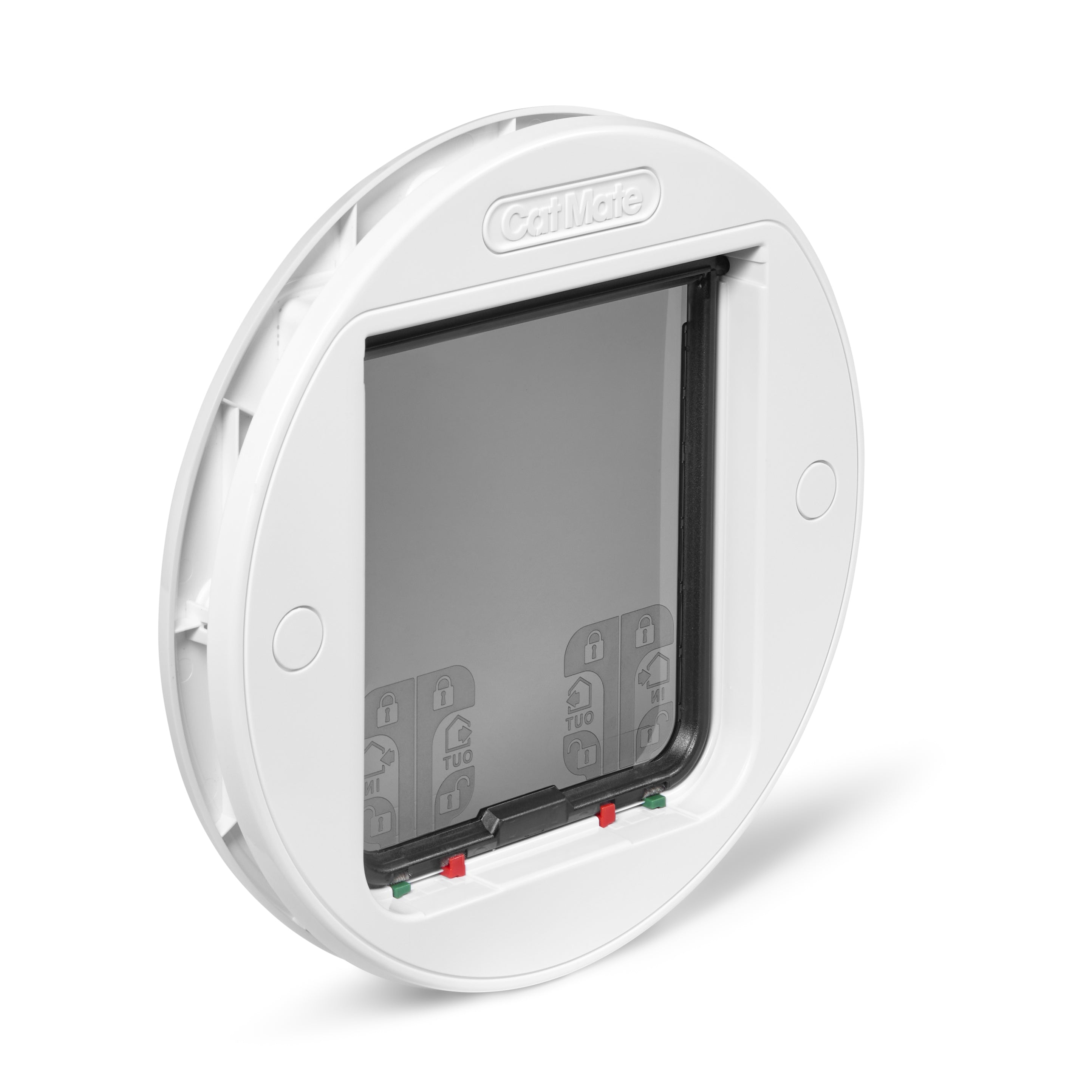 A side-angled view of the Cate Mate glass-fitting cat flap which has a circular shape, and a rain-proof seal
