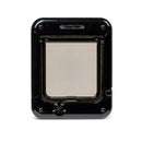A black version of the four-way rotary cat flap with a clear panel which is suitable for small to average size cats on a white background