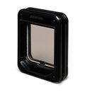 A side angled view of the back the rotary cat flap in black with a clear flap that is rain and draught proof