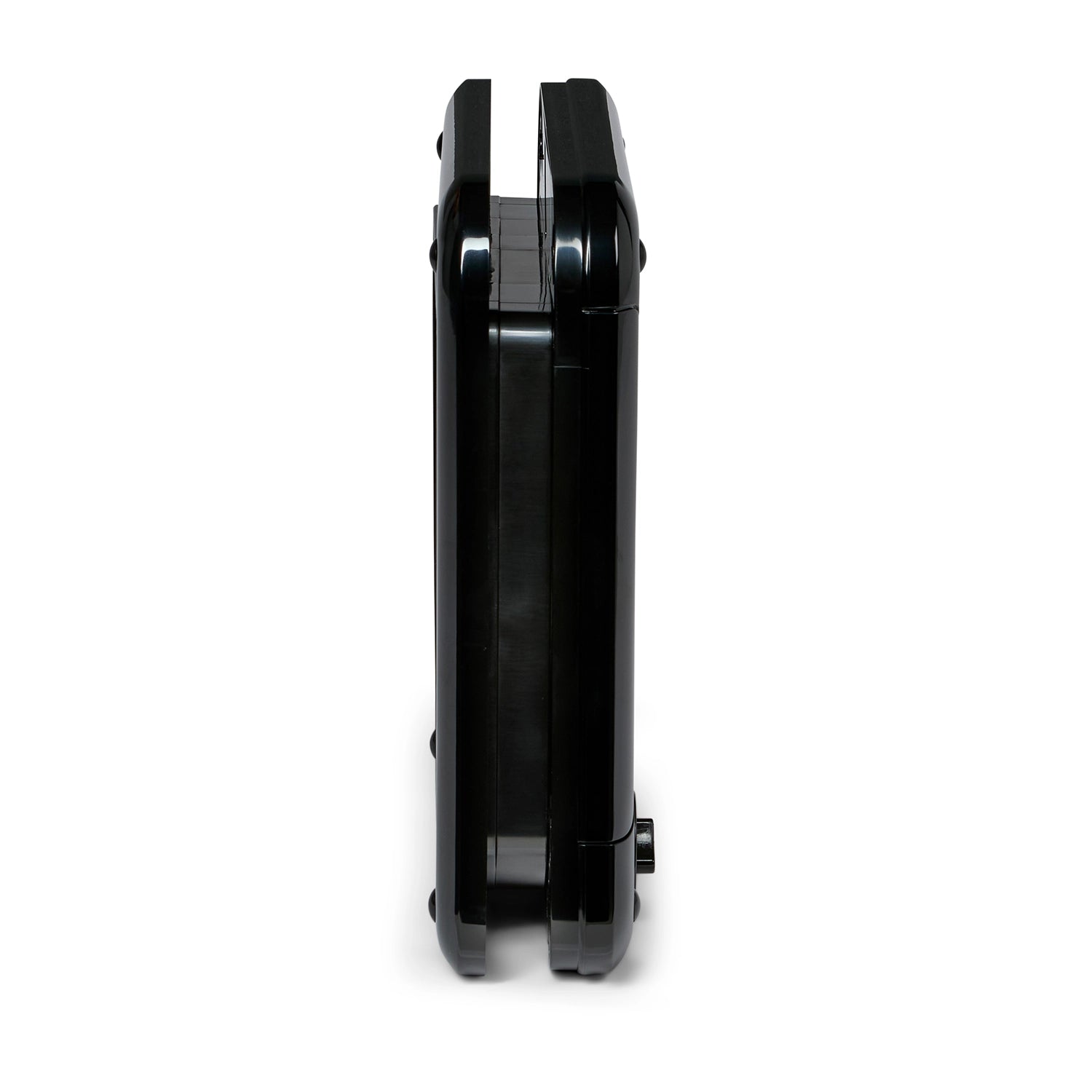 A side view of the black rotary locking cat flap which is self lining up to two inches and can be installed in to a variety of different wall and door types