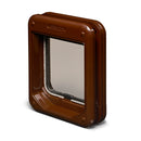 A side angle view of the brown cat flap which is suitable for average size cats