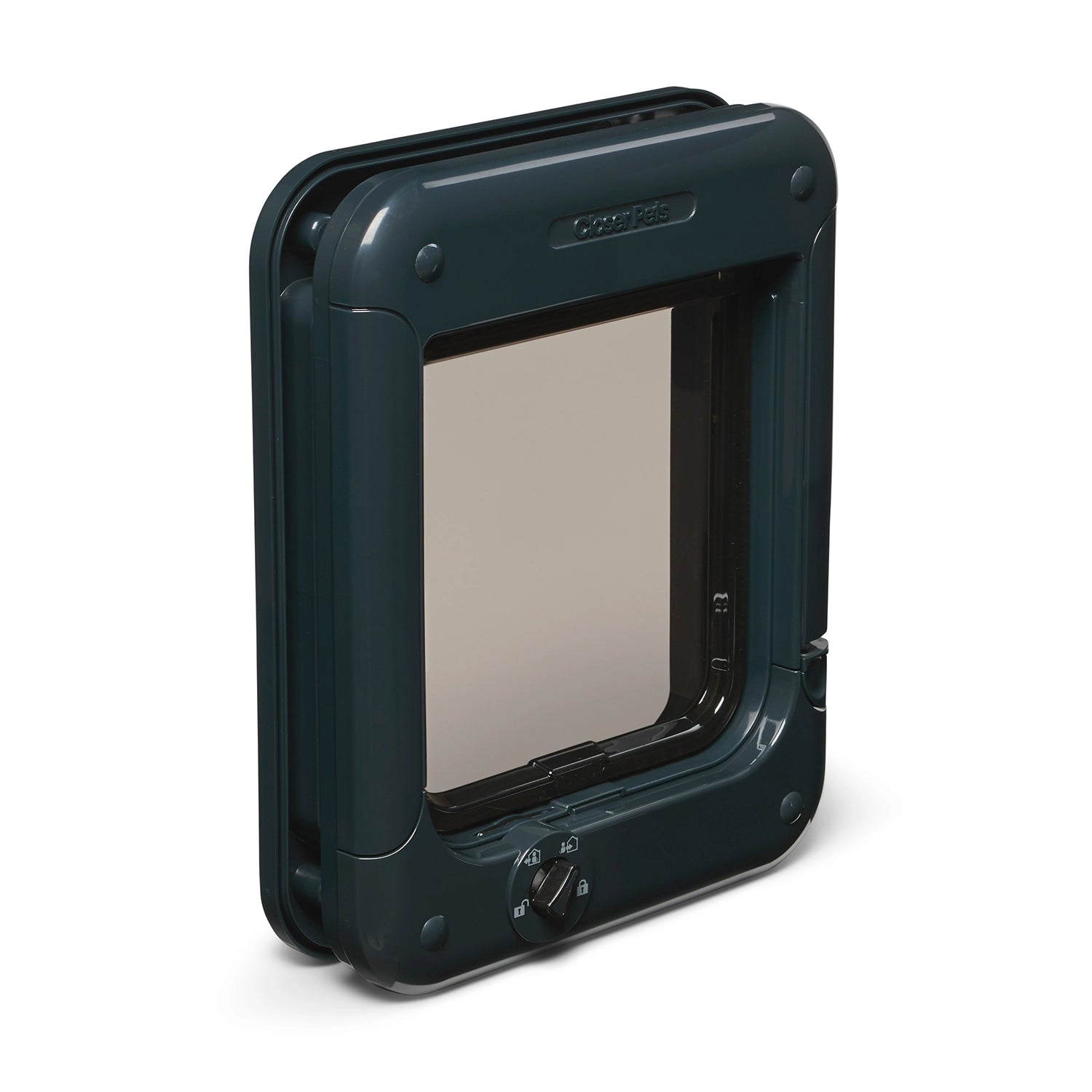 A side on front view of the grey cat flap with a four way manual lock on a white background