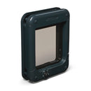 A side on front view of the grey cat flap with a four way manual lock on a white background