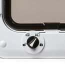 A close up view of the black and white dial on the locking mechanism displaying the four different locking options that users can choose from to be suit their needs