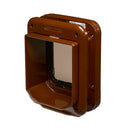 A side angled view of the back of the microchip activated cat flap in brown, on a white background