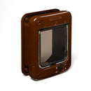 A front side angled view of the brown cat flap that can be programmed for up to 30 cats and is suitable for small to average size cats