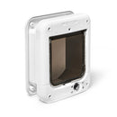 A front angled view of the white cat flap which can be activated by a microchip or a Pet Mate ID disc.