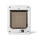 A white cat door frame with a clear flap, and black and white manual locking dial which has four different locking modes and is activated with the cat's microchip or Pet Mate ID disc.