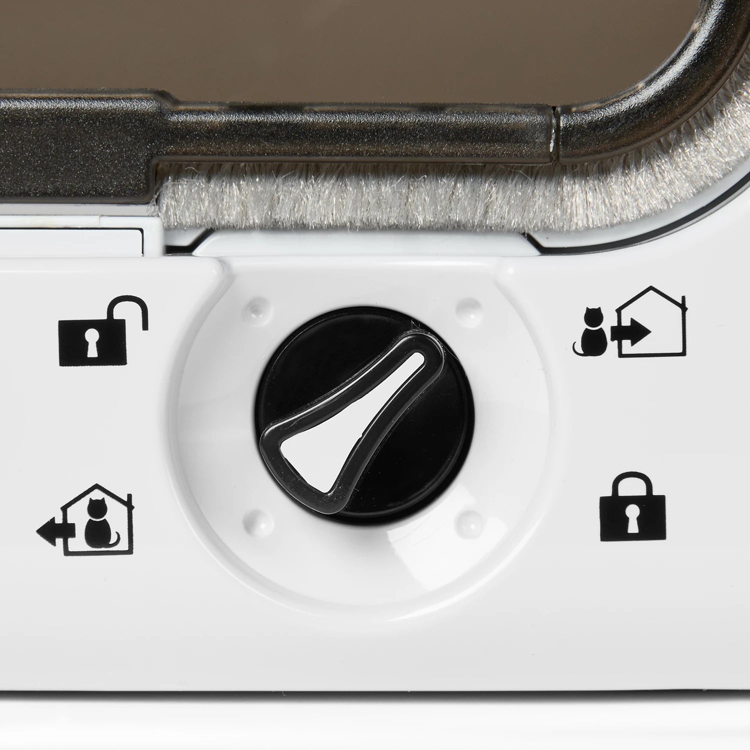 A black and white manual dial on a white cat flap shows the four different locking settings it can be set to on a white background