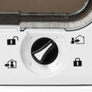 A black and white manual dial on a white cat flap shows the four different locking settings it can be set to on a white background