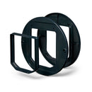 The three dark grey pieces of the cat flap adapter which allows the cat flap to be installed in to glass