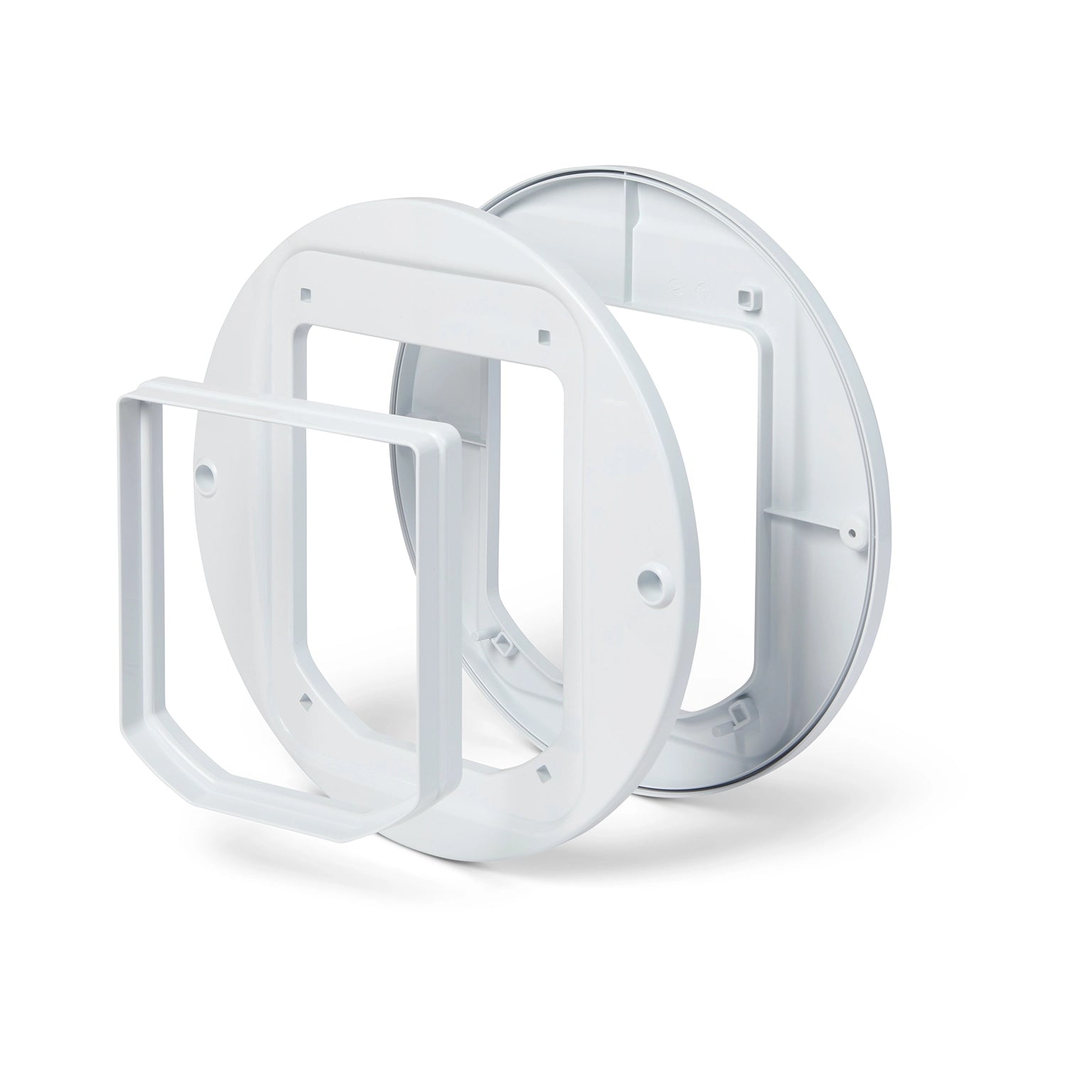 Three polymer parts of the white cat flap adapter kit which allows the cat flap to be installed in to glass panels