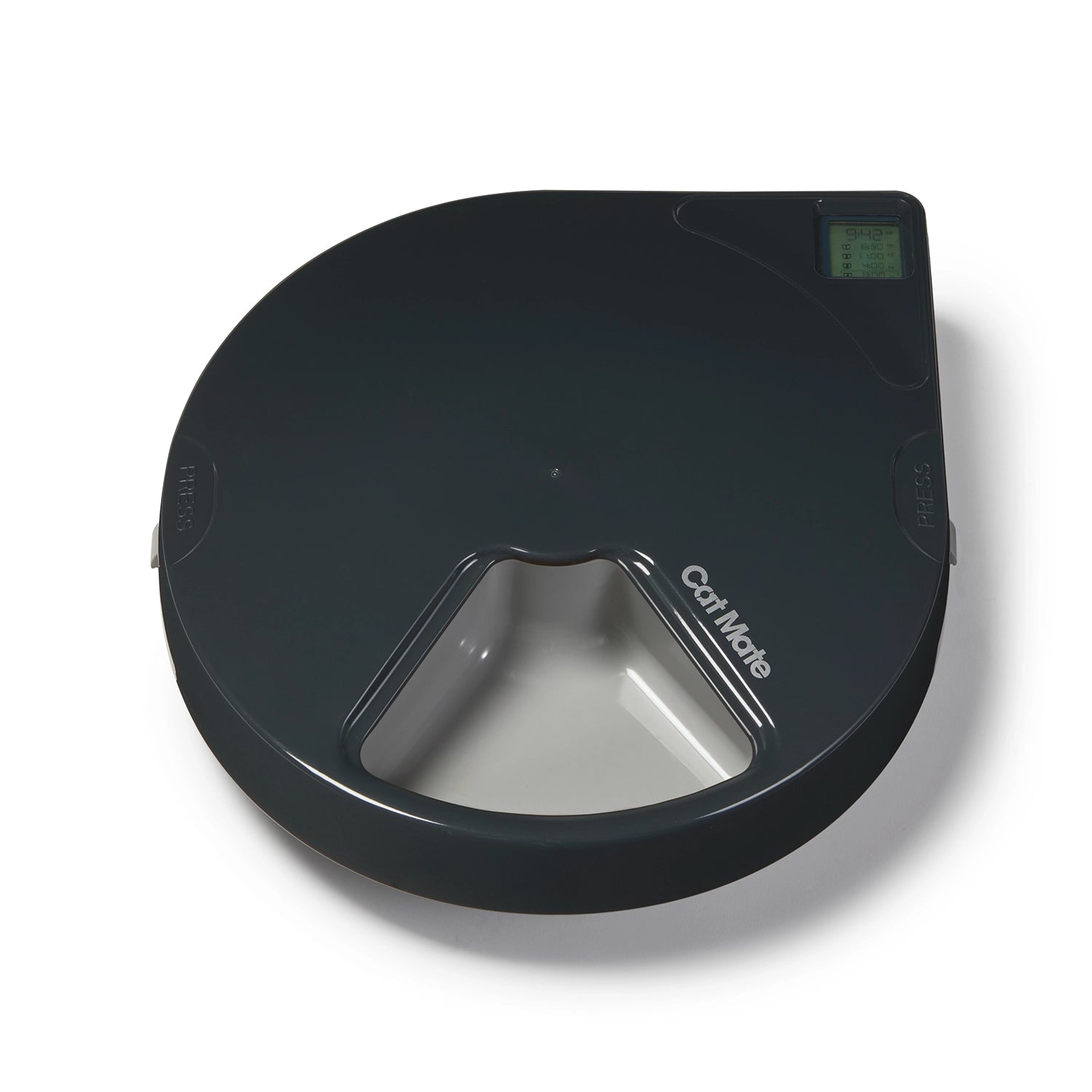 Cat Mate Five-meal Automatic Pet Feeder with Digital Timer (C500) in Anthracite Grey, with an open and empty food bowl visible at the bottom of the feeder, against a white background