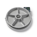 An empty grey pet feeder bowl carousel on a white background