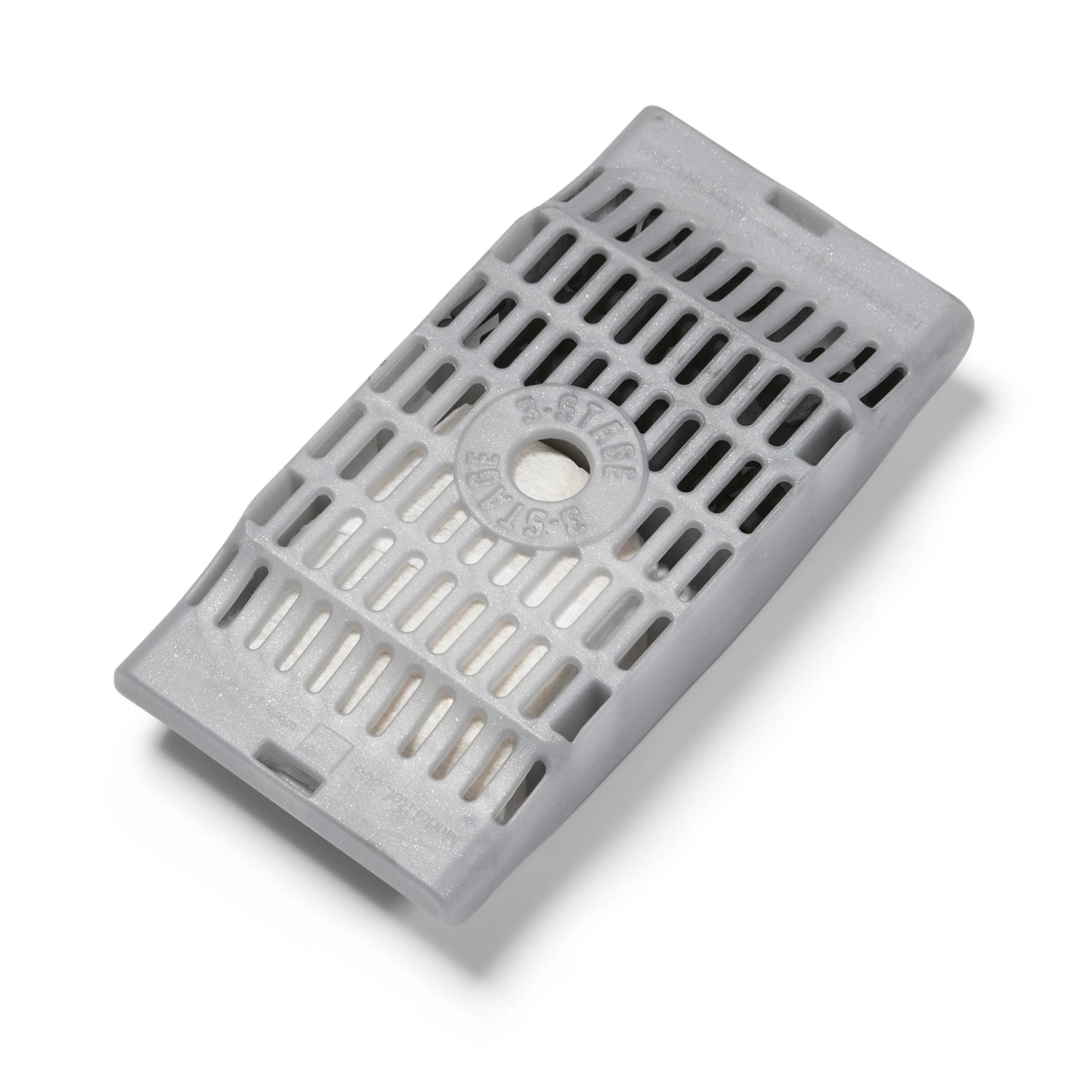 A close view of the back of the three stage replacement filter for the Cat Mate pet fountain