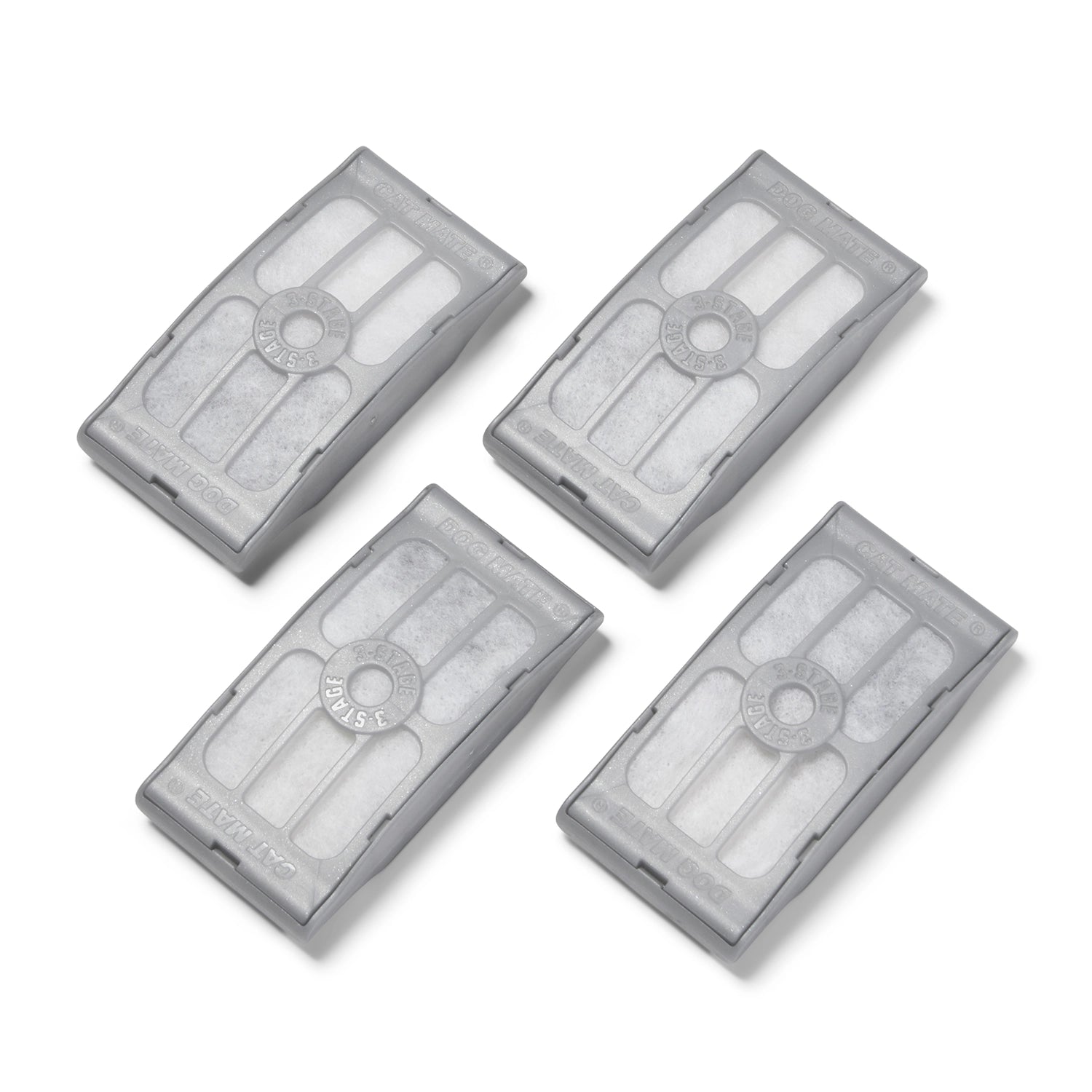 A set of four replacement 3 stage filters in grey plastic cases which are compatible with Cat Mate pet fountains