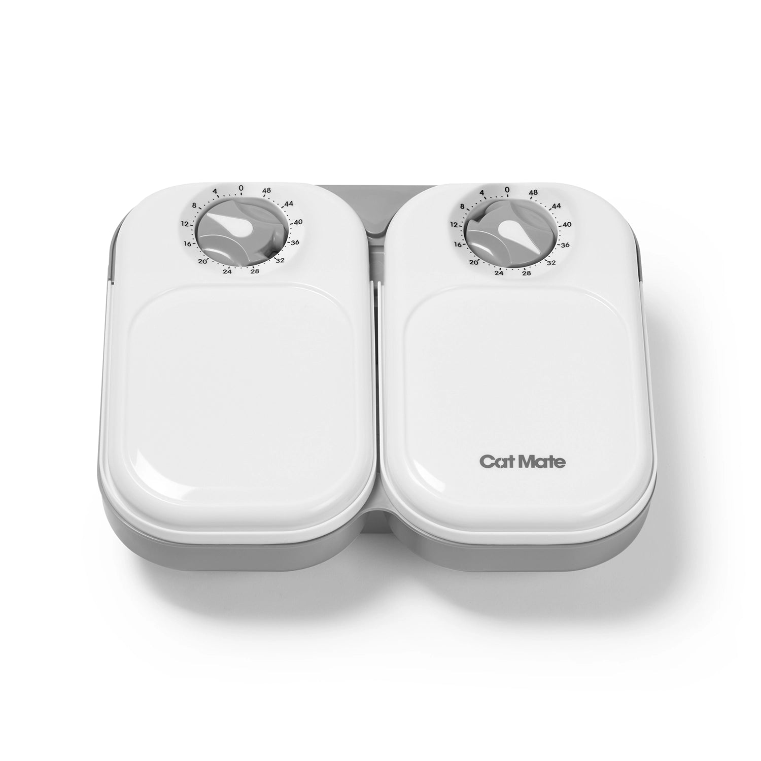 White two meal automatic pet feeder suitable for wet or dry pet food with 'Cat Mate' branding on a white background