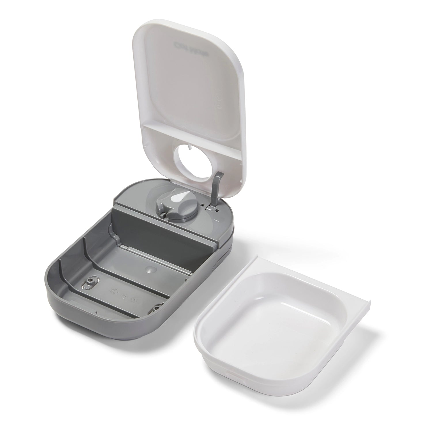 An empty single meal pet feeder in grey and white, with the dishwasher safe white food bowl removed and placed next to it on a white background