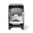 An automatic pet feeder which has a compact and modern design and can be used by up to ten individual cats providing that their microchip or electronic ID disk collar tag is paired with the feeder to ensure that only they can get the food inside the feeder