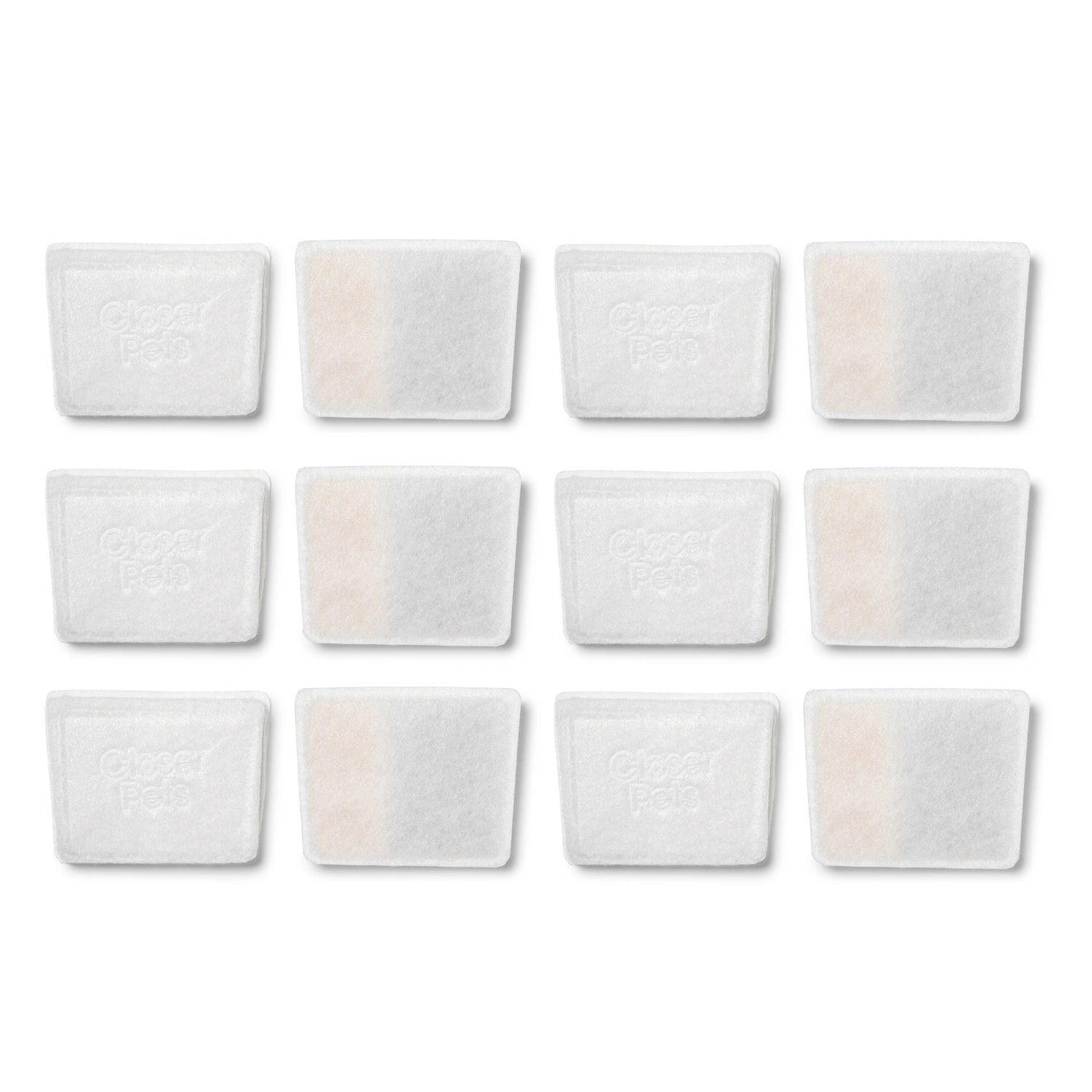 A grid pattern of twelve white plastic-free filter cartridges for the Cat Mate ceramic fountain on a white background