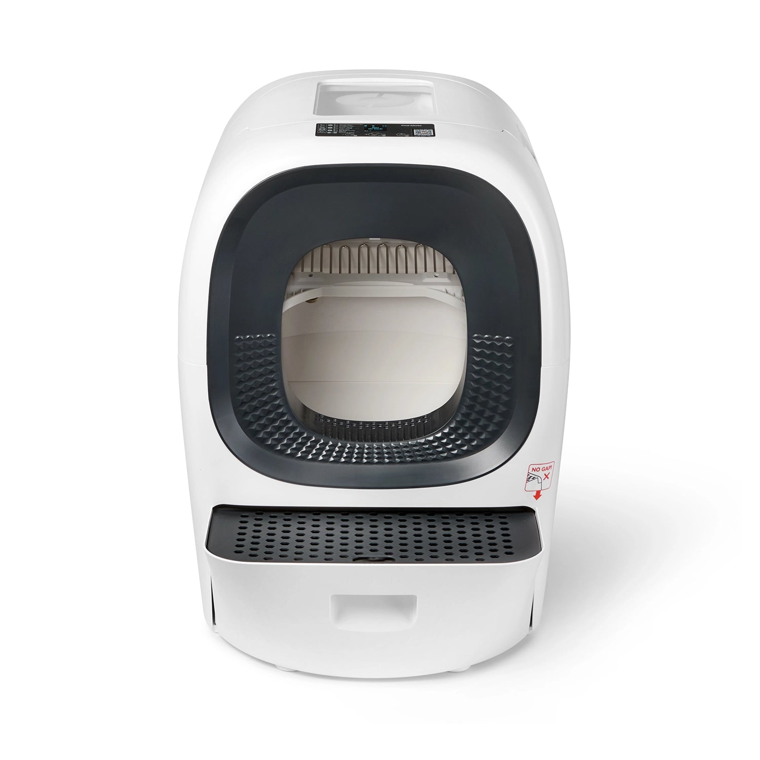 White Cat Mate automatic self-cleaning litter box with a dark interior cavity, front-opening design, and pull-out waste drawer at the base which is compatible with iOS/Android.