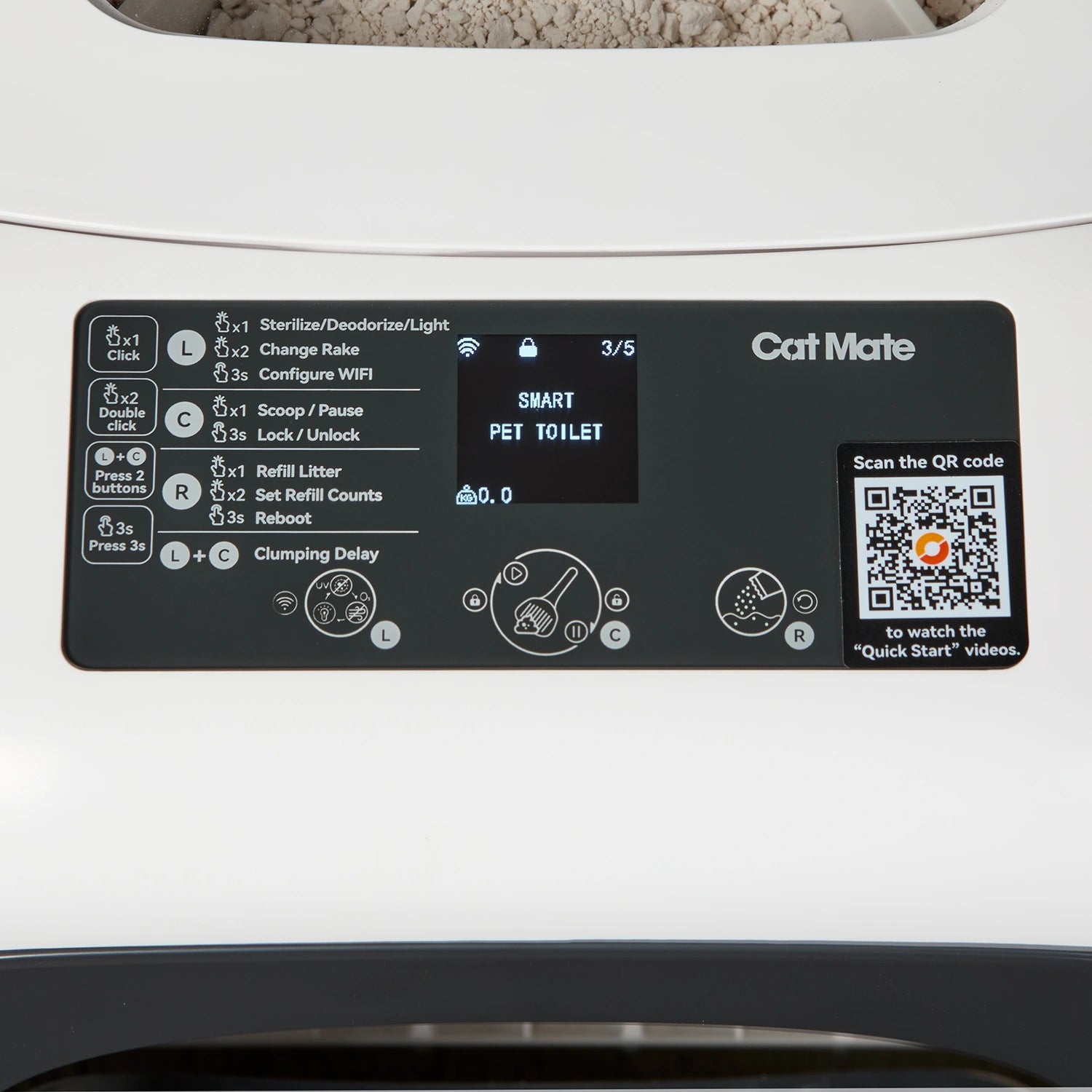 Close-up of Cat Mate automatic litter box control panel showing digital display with settings menu, start/pet toilet buttons, adjustment controls, QR code for app download, and numbered function indicators including on/off, change blade, cleaning data, and reset options