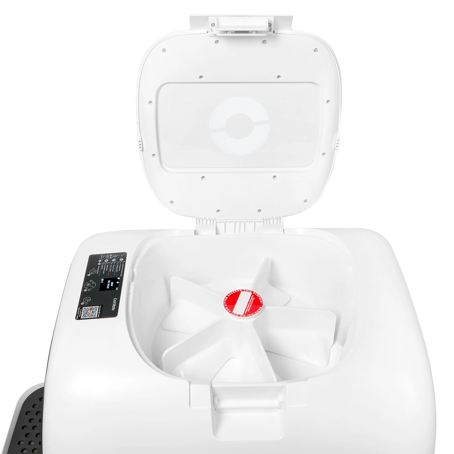 Top view of Cat Mate automatic litter box with lid open, showing five empty litter compartments arranged around central red sensor, with control panel visible on left side and white interior housing